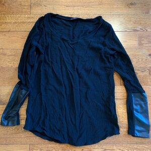 Club Monaco Black Long Sleeve Silk Top with Leather Sleeve Accents Size XS/S